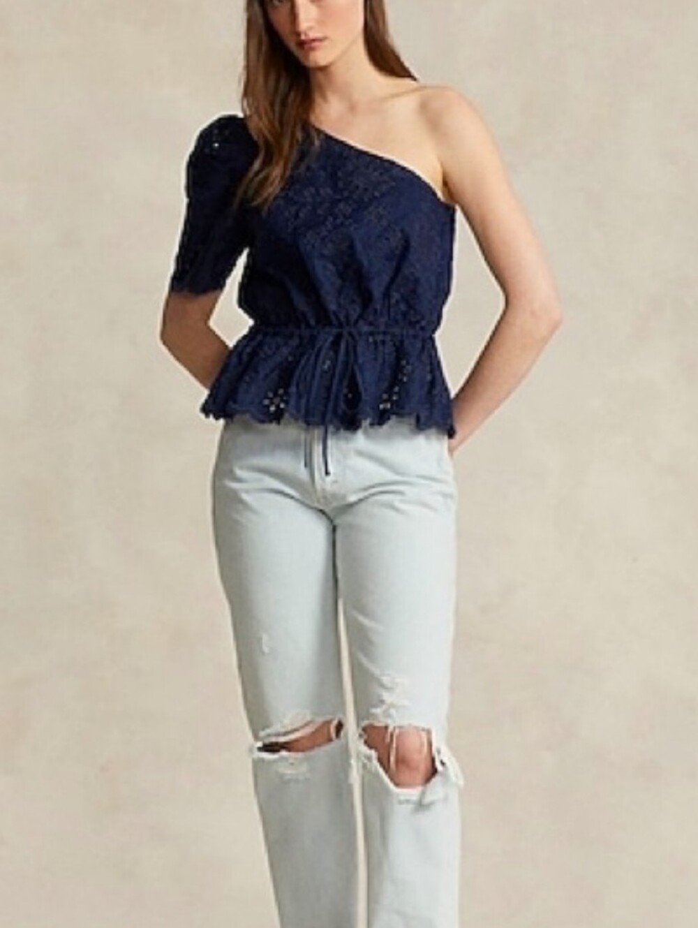 New!Polo Ralph Lauren Broderie Anglaise Navy One-Shoulder Eyelet Peplum Top Y2K - Picture 3 of 15
